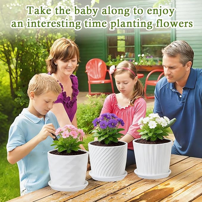 sietpoek Plant Pots - 5.5 Inch Cylinder Ceramic Planters with Connected Saucer, Pots for Succuelnt and Little Snake Plants, Set of 4, White