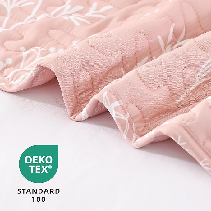 JANZAA Quilts Queen Size Pink Quilt Botanical with Floral Pattern Microfiber Bedspreads Queen Size 3 Pieces Lightweight Comforter Reversible Bedding Set with 2 Pillow Cases