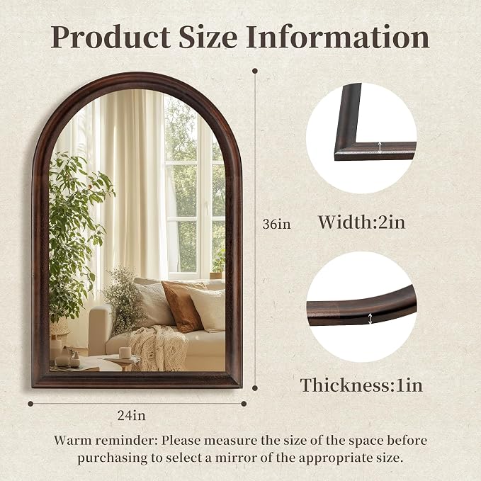 Tanmicoshomy Arched Bathroom Mirrors for Wall 24x36 Inch, Dark Brown Framed Arch Mirror with Tempered Glass for Living Room, Bedroom or Entryway