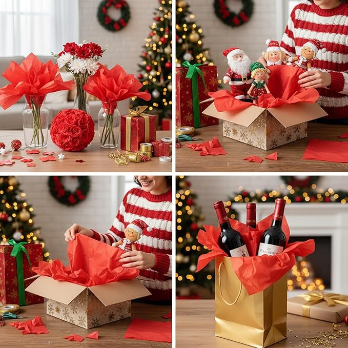 Qilery 500 Sheets Christmas Red Tissue Paper Bulk for Gift Bags 20 x 30 Inch Acid Free Wrapping Paper Sheets for Christmas Decoration DIY Crafts, Packing Supplies for Moving, Wedding Party
