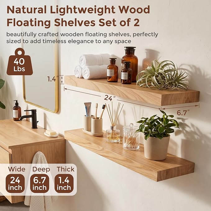 fuqing Natural Wood Floating Shelves | 24 Inch Floating Shelves for Wall Set of 2 | 24" W x 6.7" D x 1.4" H Natural Wooden Shelves for Bathroom Living Room Bedroom Kitchen
