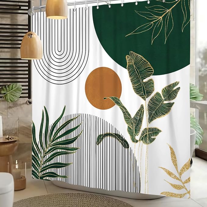 Mid Century Boho Modern Shower Curtain for Bathroom Abstract Sun Arch Geometric Leaves Minimalist Shower Curtain Set Waterproof Polyester Fabric 66x72 Inches