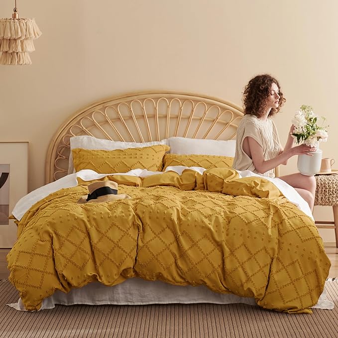 Bedsure Boho Duvet Cover Queen Size,Mustard Yellow Breathable & Soft Boho Bedding, Machine Washable Comforter Cover for All Seasons, Includes 1 Duvet Cover 90"x90" with 2 Pillow Shams & Zipper Closure