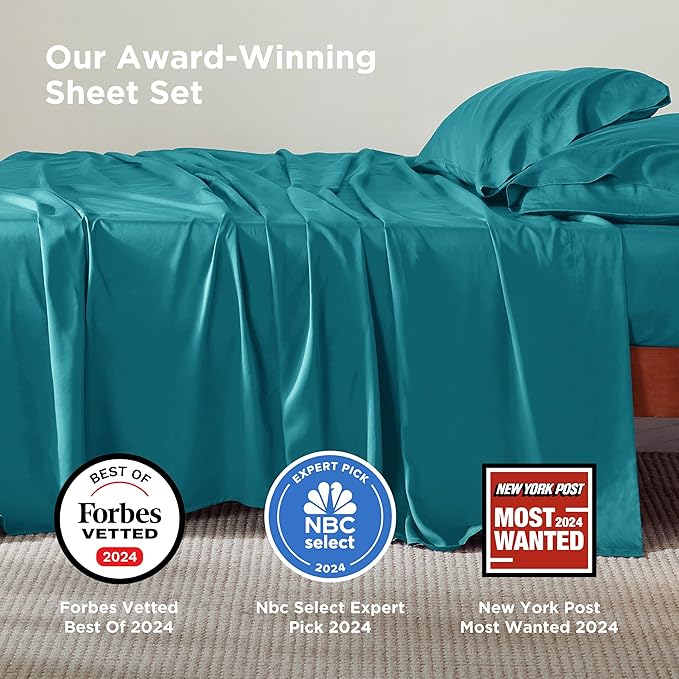 Bedsure Full Size Bed Sheets, Cooling Sheets, Rayon Derived from Bamboo, Breathable & Soft, Deep Pocket Up to 16 Inches, Hotel Luxury Silky Bedding for Hot Sleepers, Turquoise