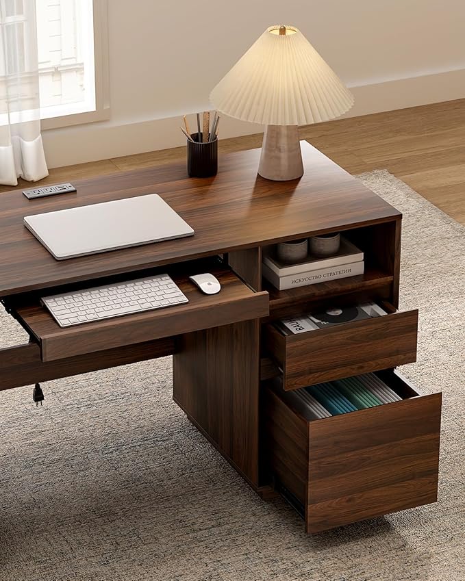 Farmhouse Executive Desk with File Drawer 59" Large Computer Desk Home Office Desk with Charging Station, Keyboard Tray, Storage Cabinet Modern Workspace for Study, Writing, Brown
