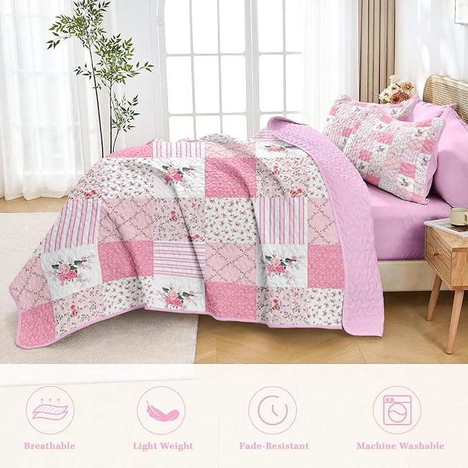 Quilt Set Full/Queen Size, Pink Patchwork Flowers 3 Pcs Soft Bed Cover Bedding Set, Garden Floral Lightweight Bedspread Coverlet with 2 Pillow Sham for All Season