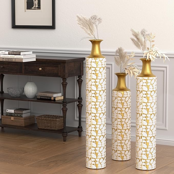 Metal Floor Vases Decorative, Set of 3 Flower Arrangement Stand, Metal Decorative Vase Tall Distressed Metallic Centerpiece Vases, 32", 28", 24" H (Antique White)