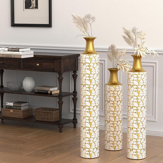 Tall Floor Vase Set of 3 - Oversized Modern Vintage Metal Vases for Living Room Decor, Gold Decorative Large Vases for Corner and Hallway