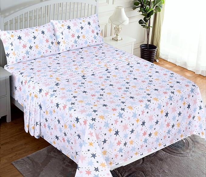 RUVANTI 100% Cotton Sheets Queen Size Set, 4 Pieces, Soft & Breathable Percale Weave Bedding, Deep Pocket 16", Hotel Standard, Crisp Cool Feeling, Durable, Perfect Floral Bed Sheet, Fault Star