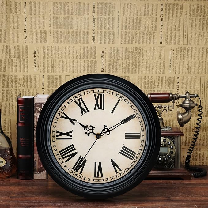 Plumeet Small Retro Wall Clock, 10'' Non Ticking Classic Silent Vintage Wall Clocks Decorative Kitchen Living Room Bedroom, Roman Numerals, Battery Operated, Black