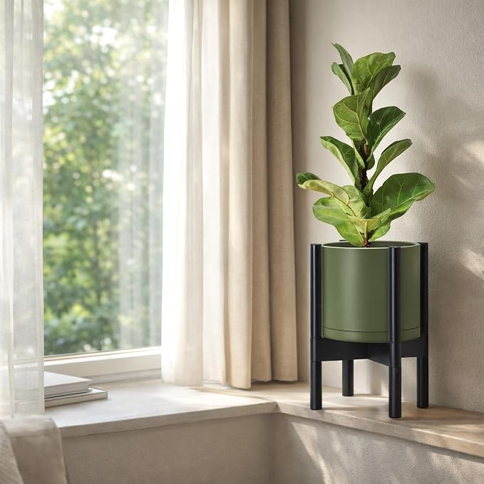 D'vine Dev Planter Pot with Stand - 8 Inch Plastic Cylinder Flower Pot with Wood Planter Holder for Indoor, Olive Pot + Ebony Stand, 55-C-K-3