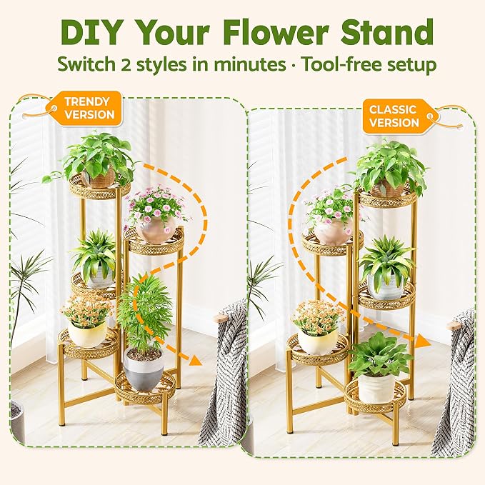 Gold Plant Stand Indoor Outdoor, Corner Metal Flower Pot Stands for Multiple Plants, 5 Tier Heavy Duty Plant Shelf for Patio Garden Balcony Living Room Bedroom - GoldWave