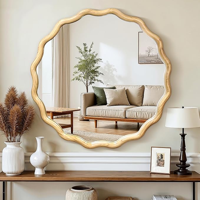 Circle Wood Mirrors for Wall, Wavy Round Bathroom Scalloped Mirror Wooden Frame 30 Inch for Living Room Farmhouse Bedroom Hallway Entryway Living Room with Shatterproof Glass Wall Mounted