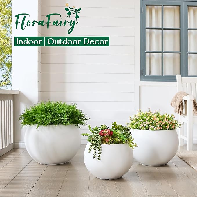 21.3" D Fiberstone Extra Large Planter, 16.6" Pot Opening x 14.8" H, Spherical Flower Pot with Drainage Hole, Weather Resistance Indoor Outdoor Planters, White