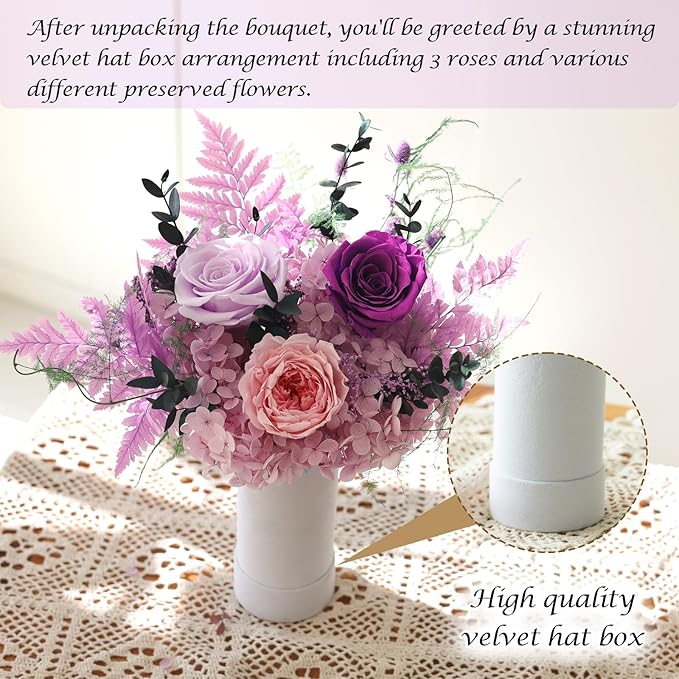 Preserved Roses Bouquets,Flowers for Delivery, Eteranl Purple Rose Bouquets Long-Lasting Real Flowers,Birthday Flowers Gifts for Mom Women Friends, Mothers Day for Grandma Wife Her(Purple)