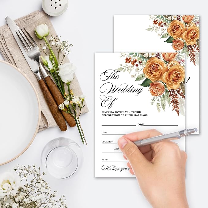 Boho Pampas Grass Wedding Invitations, 5"x 7" Autumn Wildflower Wedding Invites Card With Envelopes, 25 PCS for Party Decorations and Supplies - A06