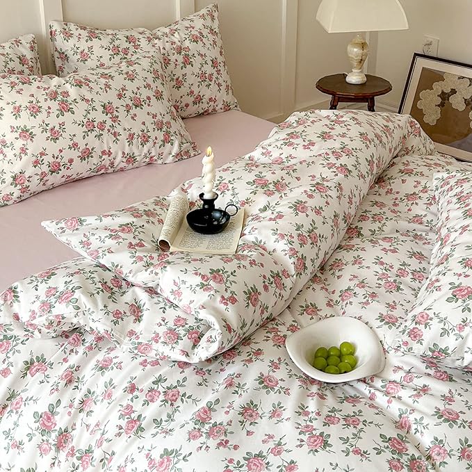 Pink Floral Duvet Cover Queen Soft Cotton Girls Cottagecore Bedding Set Botanical Peach Flower Comforter Cover with Zipper Closure Vintage Country Bedding Aesthetic Duvet Cover with 2 Pillowcases