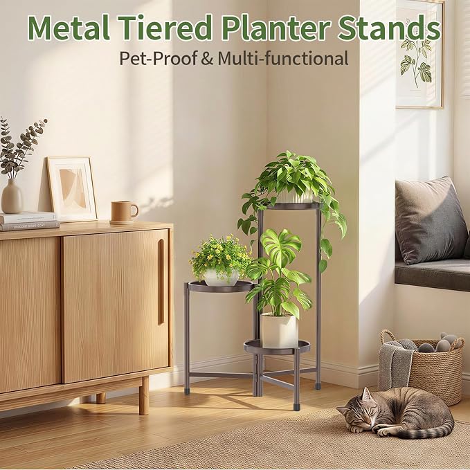 LASZOLA 3 Tier Large Plant Stand Indoor Tall with 10 Inch Metal Tray, Corner Folding Flower Display Rack, Modern Plant Holder Shelf for Outdoor Patio Porch Garden Office Living Room, Bronze