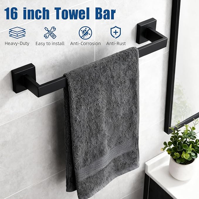Matte Black Bathroom Hardware Accessories Set, Stainless Steel Towel Racks for Bathroom, 16 Inch Towel Bar, Towel Holders, Updated Toilet Paper Holder with Shelf Wall Mounted(15-Pieces)