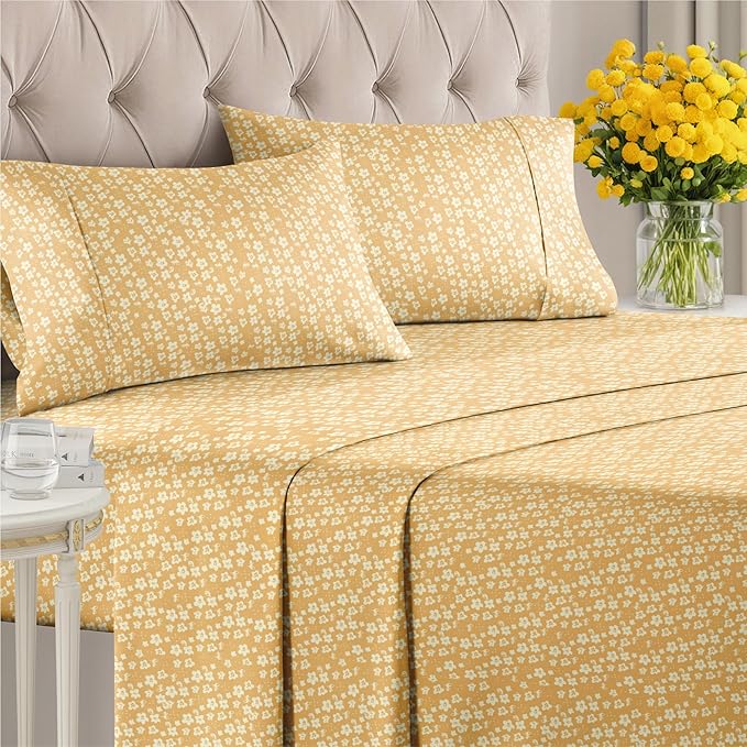 Floral Sheets - Yellow Floral Bed Sheet Set - 1 Flat, 1 Fitted & 2 Pillowcases w/ Deep Pockets - Comfy, Wrinkle & Fade Free - Boho Botanical Bedding - Ultra-Soft, Breathable & Cooling - Queen Size Set