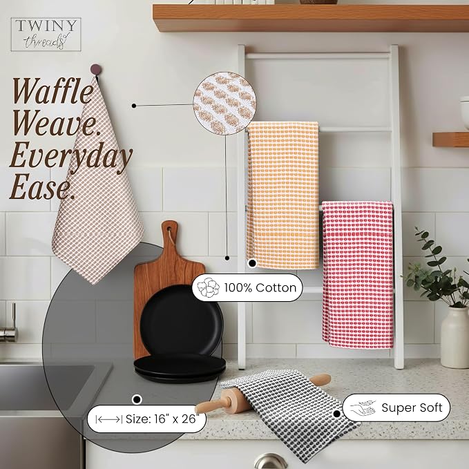 TWINY threads Circle Waffle Tea Towels Set of 4, 16x26 Inch, 100% Cotton, Durable, Soft, Waffle Weave Hand Towels, Reusable Cloths, Ideal for Cooking, Baking, Household, Assorted Colors
