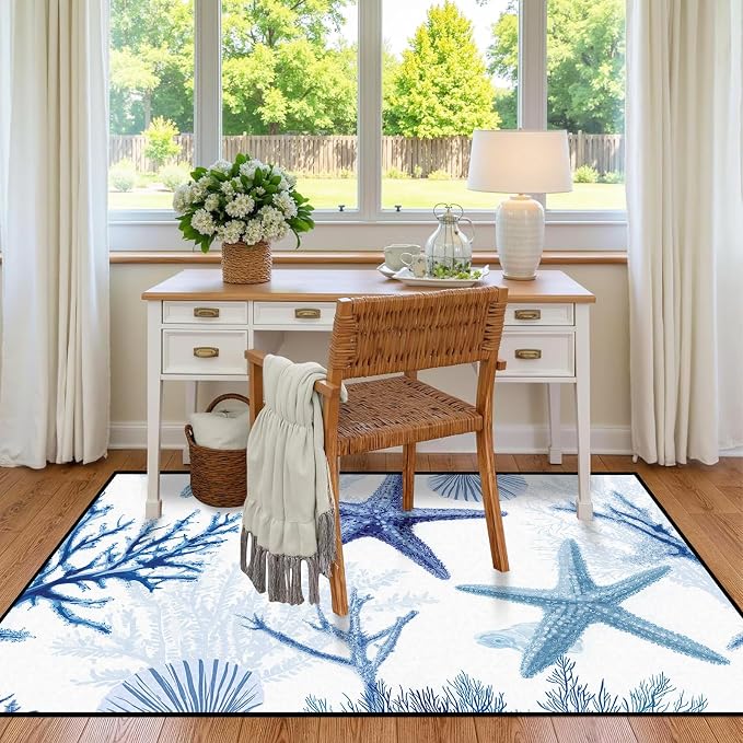 Coastal Starfish Rug 6'x9' Blue Ocean Area Rug Coral Seashell Floor Mat Washable Low Pile Carpet for Bedroom Living Room Kitchen Nursery Playroom Home Decor