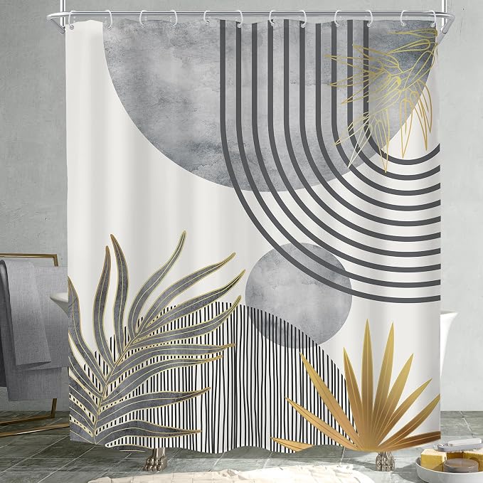 KOMLLEX Mid Century Boho Shower Curtain for Bathroom Decor Abstract Grey Modern Minimalist Gold Aesthetic Sun Arch Curve Leaves Geometric Neutral Fabric Waterproof Polyester 12 Pack Hook 60Wx72H