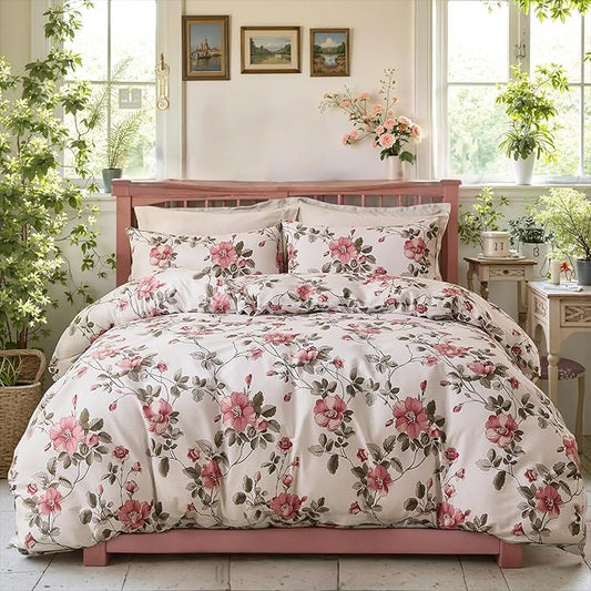 Bedding_Dreamer Floral Comforter Set 100% Cotton Comforter Sets Queen 3pcs Vintage Boho Floral Bedding Ultra Fluffy Soft Reversible Lightweight All Seasons Bedding Set Cottagecore Botanical Comforters