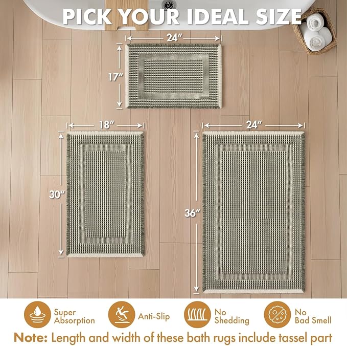 MIULEE Set of 2 Waffle Bathroom Rugs, Boho Bath Rug Super Absorbent, Non Slip Washable Ultra Soft Rubber Backed Shower Bath Mats for Floor, Tub, Shower, Looped Design, Green & Cream, 17"x24"+18"x30"