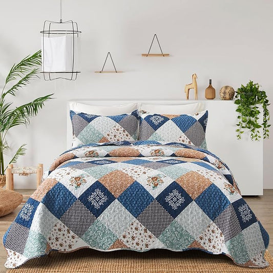 Dinjoy Reversible Patchwork Quilt Bedding Set Full Size Blue Green Grey Plaid Floral Pattern Bedspread Set Soft Microfiber Coverlets Bed Set 3 Pieces Spring Summer Fall Use (78x90 inches)