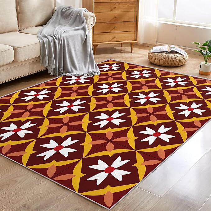Geometric Flower Rugs for Home Decor, 7x9 ft, Mid Century Modern Area Rugs for Living Room, Soft Non Slip Washable Retro Floral Carpet Bedroom Decorations Dt-Ghf-69
