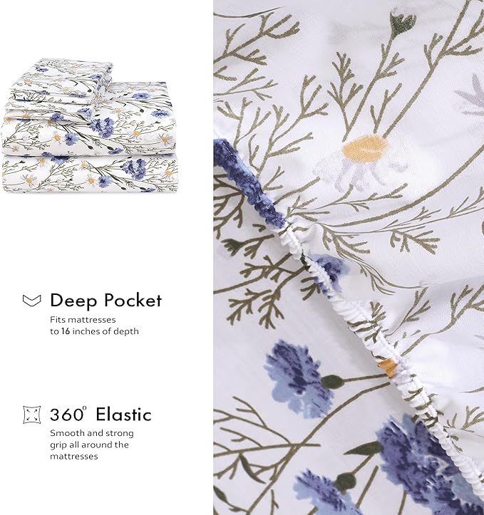 RUVANTI 100% Cotton Sheets Queen Size Set, 4 Pieces, Soft & Breathable Percale Weave Bedding, Deep Pocket 16", Hotel Standard, Crisp Cool Feeling, Durable, Perfect Floral Bed Sheet, Sweet Pea