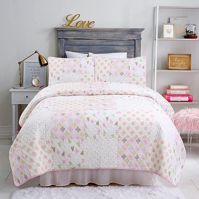 Cozy Line Home Fashions Pink Blue Green Heart Polka Dots Girl 100% Cotton Reversible Quilt Bedding Set, All-Season Coverlet, Bedspreads (Helaine Patchwork, Twin-2 Piece)