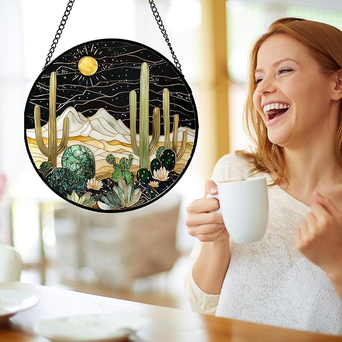 Stained Glass Window Hanging, Black and White Golden Cactus Nature Suncatcher for Doors Window Home Starry Sky Sun Catchers Decor Mother's Day Birthday Gifts for Women, Men Mom 11.8 in