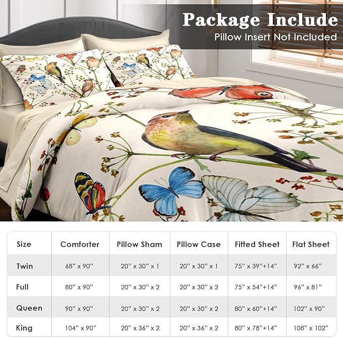 Comforter Set Queen Size, Vintage Birds Butterfly Colorful 7 Pcs Bedding for Kids and Adults, Floral Spring Beige Bed Sheet Sets with Fitted Sheet 2 Pillowcase & 2 Sham for Bedroom Bed Decor