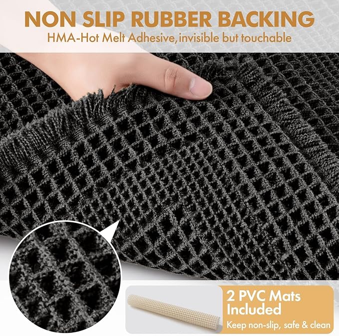 MIULEE Set of 2 Waffle Bathroom Rugs, Boho Bath Rug Super Absorbent, Non Slip Washable Ultra Soft Rubber Backed Shower Bath Mats for Floor, Tub, Shower, Looped Design, Black, 18x30 Inch
