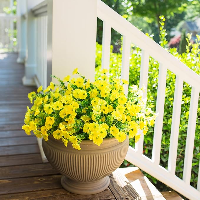 Artificial Flowers for Outdoors Fake Flowers Plants for Spring Summer Decor, 12 Bundles Silk Morning Glory with Eucalyptus Look Real UV Resistant Yellow Faux Flowers for Outside Planters Yard Patio