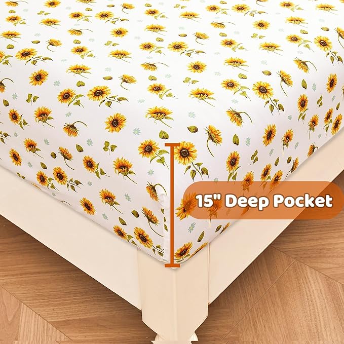 Softan Floral Sheet Set Full, Sunflower Printed Bed Sheets Double, Brushed Microfiber Fitted Sheet with 15" Deep Pocket & Non-Slip Straps, Yellow Flower Pattern Sheet & Pillowcase Sets