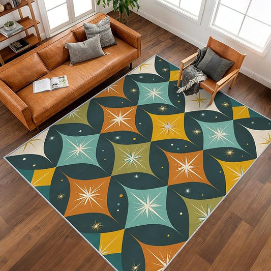 Mid Century Modern Rugs for Bedroom 5x8 ft, MCM Atomic Area Rugs for Living Room, Washable Non Slip Low Pile Abstract Geometric Carpet, Home Decor PF-P 107
