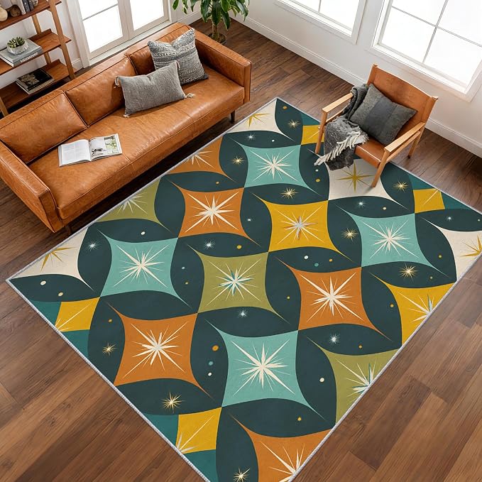 Mid Century Modern Rugs for Bedroom 8x10 ft, MCM Atomic Area Rugs for Living Room, Washable Non Slip Low Pile Large Abstract Geometric Carpet, Home Decor PF-P 107