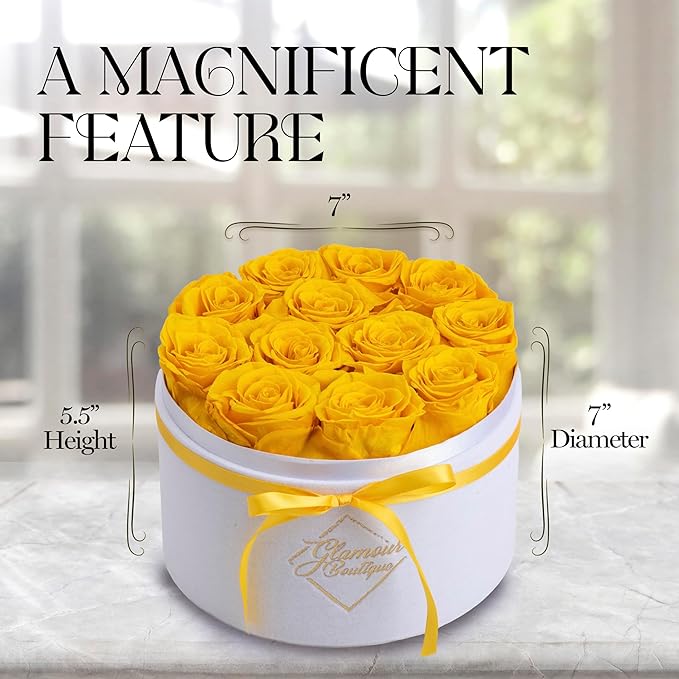 GLAMOUR BOUTIQUE Flower Forever Gift Box 12 Real Preserved Roses in Round Velvet White Box, Handmade, Rose Petals, Birthday, Marriage, Anniversary, Graduation - Yellow