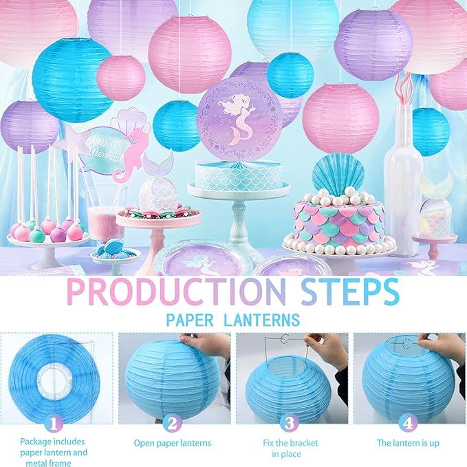 Paper Lanterns Decorative, Gradient Blue Purple Pink Round Hanging Paper Lantern Decorations for Under The Sea Theme Birthday Party, Wedding, Baby Shower, Home Decor, 15Pcs