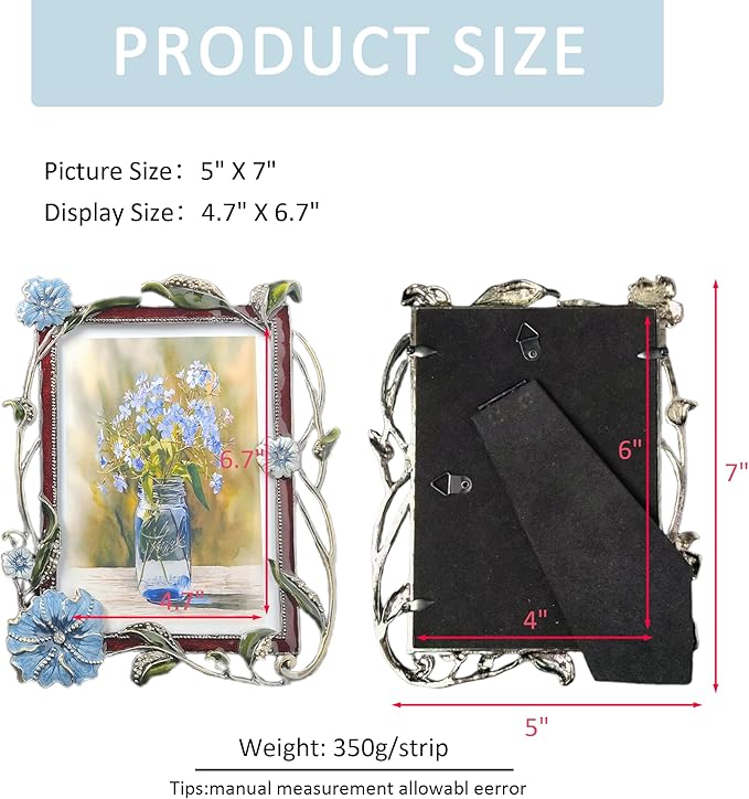 Vintage Floral Picture Frames Luxury Unique Ornate Antique Metal Photo Frame of HD Glass for Tabletop/Wall Display Gifts for Women (Blue Flowers, 5X7)