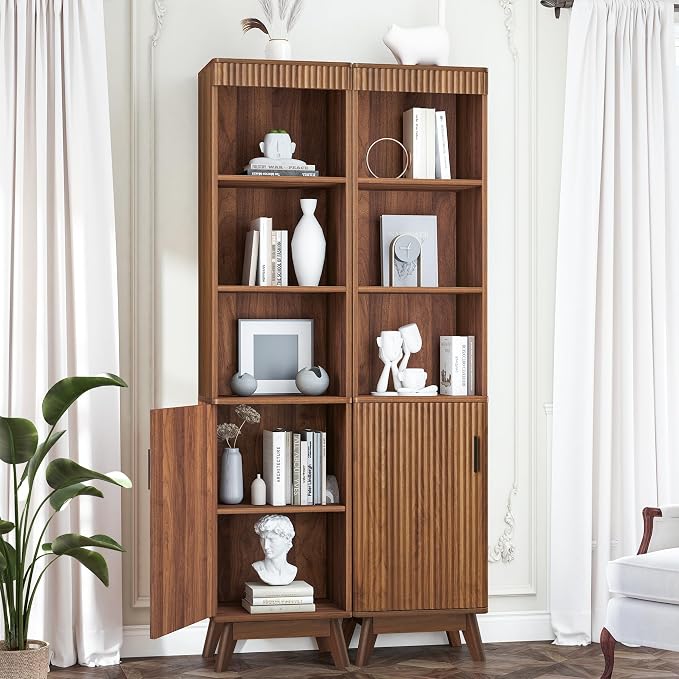 Bifins 68" Tall Bathroom Storage Cabinet,Narrow Fluted Tower Cabinet with Door and Shelves,Slim Space Saving Storage Unit for Bathroom Kitchen Living Room (Walnut, 11.8" D x 15.75" W x 68" H)