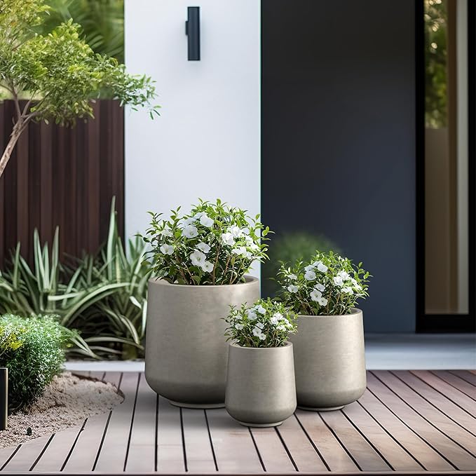 Kante 15.3"+11.6"+8.2" Dia Round Concrete Planter, Large Outdoor Indoor Planter Pots Containers with Drainage Holes and Rubber Plug for Home Garden Patio, Buff Concrete