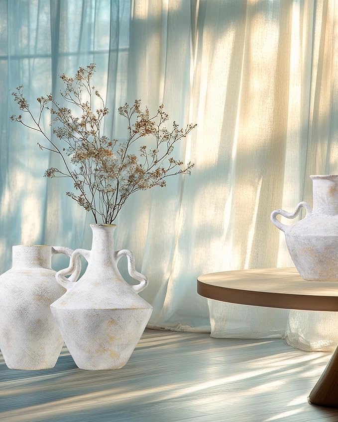UPWOIGH 14 in Vintage-Inspired Distressed Ceramic Vase with Double Handles, White Handmade Look Flower Vase with Intentional Black Distressing, Modern Rustic Decorative Pottery for Living Room Table
