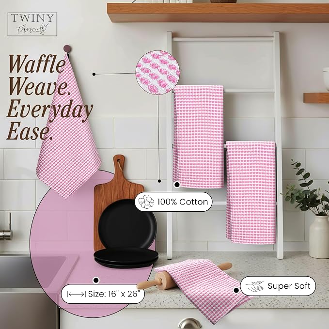 TWINY threads Circle Waffle Kitchen Dish Towels 4 Pack, 16x26 Inch, 100% Cotton, Absorbent, Lightweight, Quick Drying, Multi Purpose Wash Rags, Suitable for Crafting, Embroidery, Household, Baby Pink