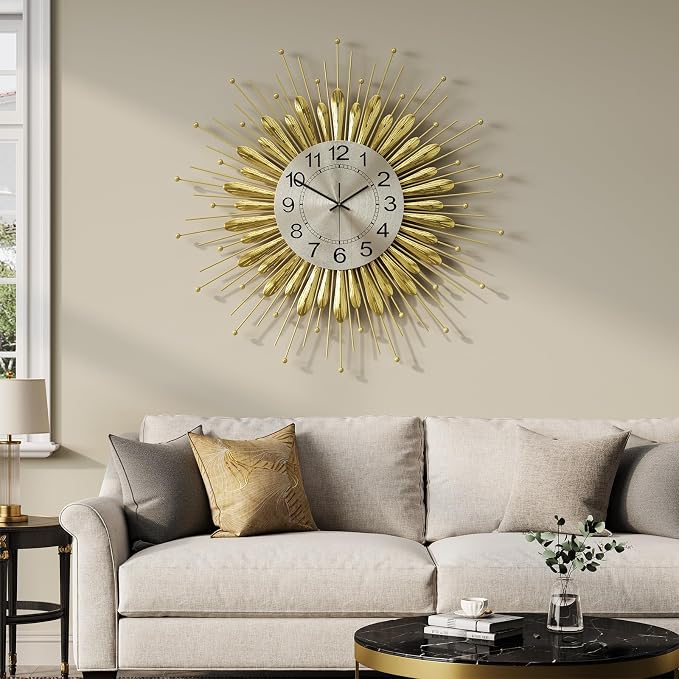 Cuspin Large Gold Wall Clock 30 Inch, Mid Century Modern Sunburst Decorative Design, Silent Non Ticking Battery Operated Metal Wall Clock, for Living Room, Dining Room, Bedroom, Office