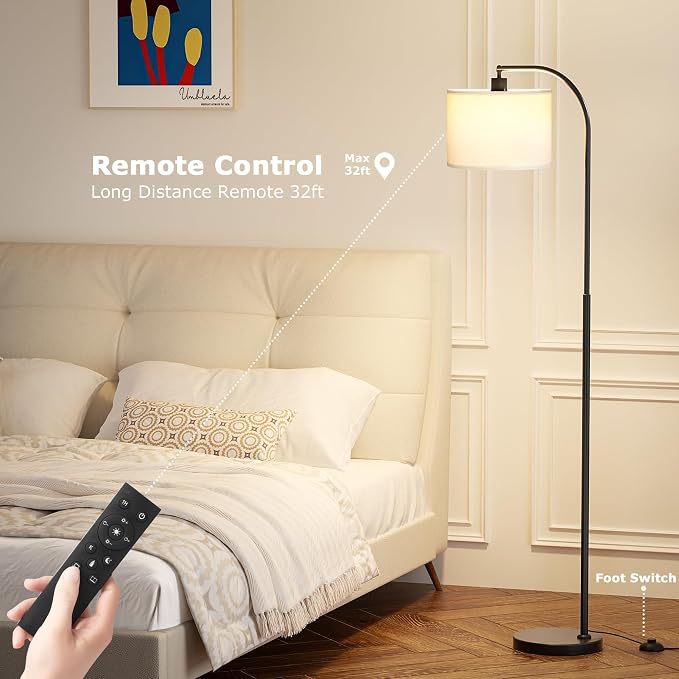 Ambimall Arc Floor Lamp with Remote and Stepless Dimmable Bulb, Colors Temperature & Brightness Adjustable, Floor Lamps for Living Room（White Shade & Black Pole）