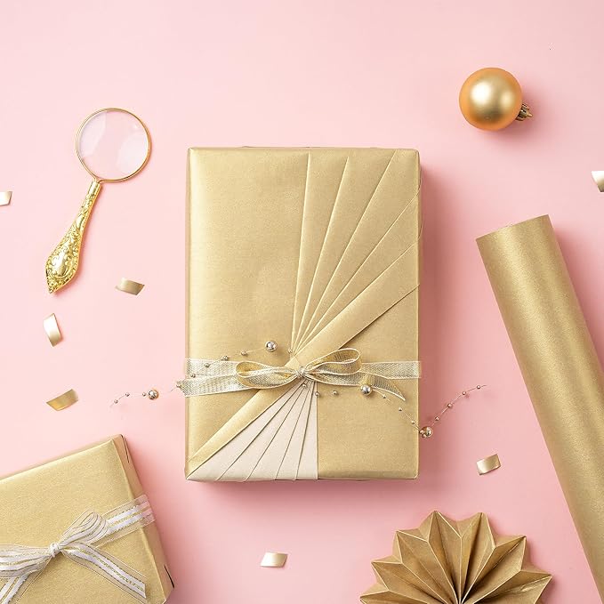 RUSPEPA Gold Wrapping Paper - Christmas Gift Wrap Pearly - luster Paper Perfect for Wedding, Birthday, Valentine's Day, Christmas, Baby Shower, DIY Bouquet -17 Inches X 32.8 Feet